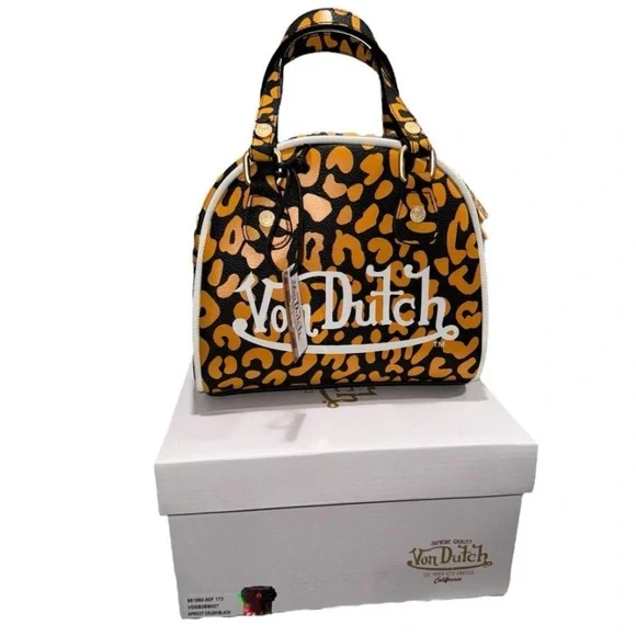 Von Dutch Orange/Apricot Crushblack Cheetah Small Bowling Bag/Purse/Hand Bag NEW - Picture 6 of 11